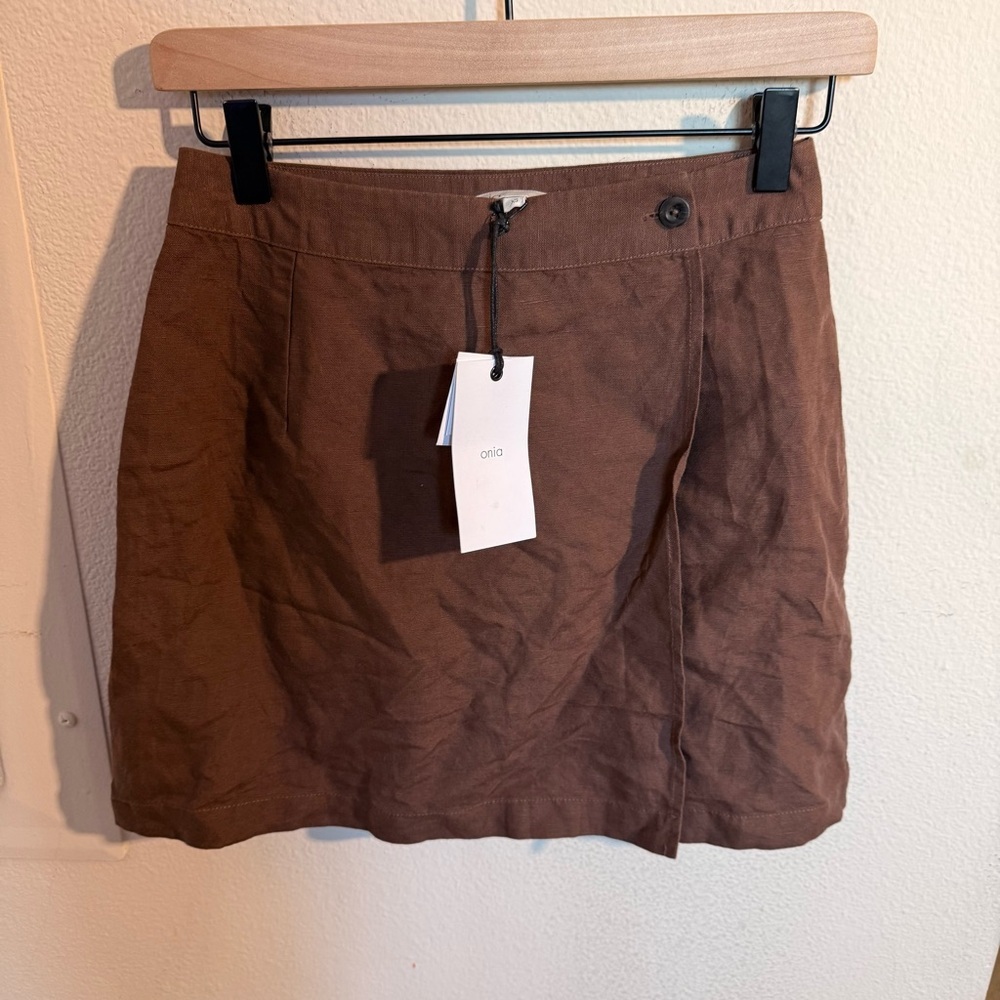 Onia Air Linen Blend Brown Mini Wrap Skirt